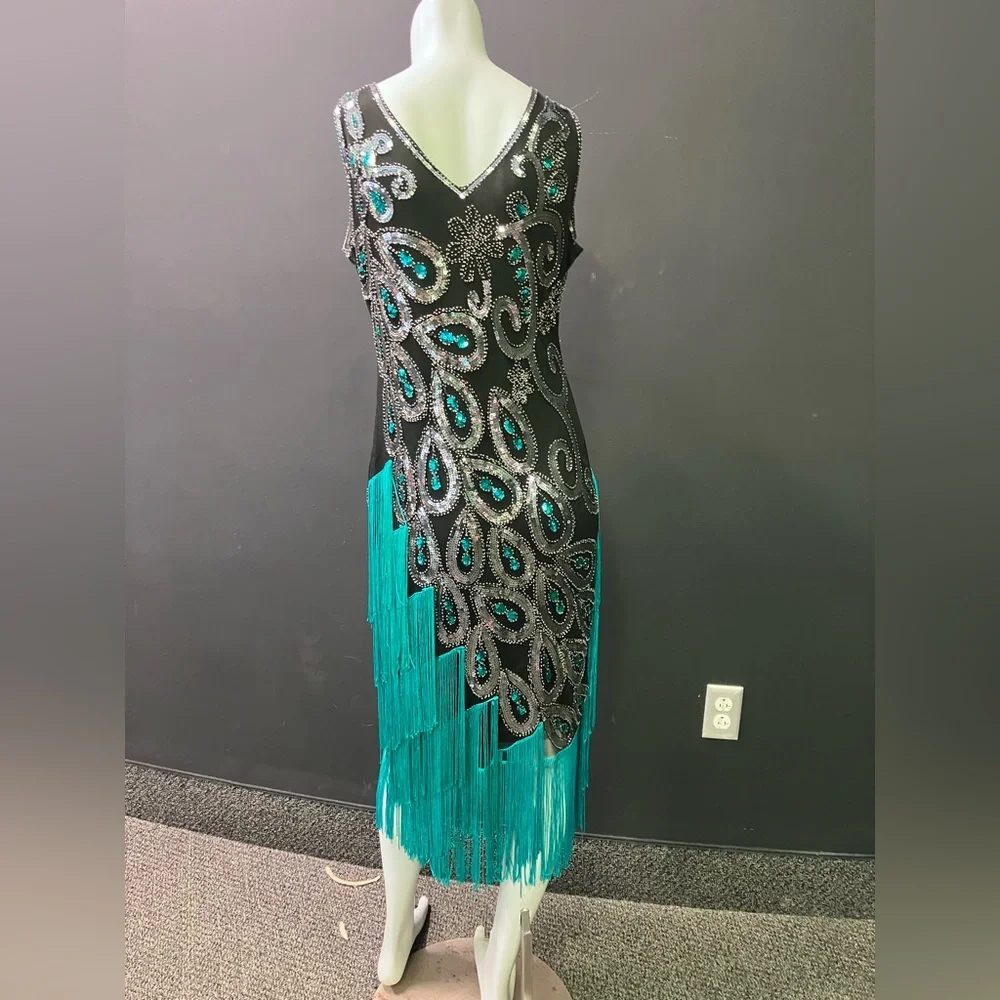 BabeYond black green and Silver peacock embroidered fringe flapper dress XL - Picture 5 of 15